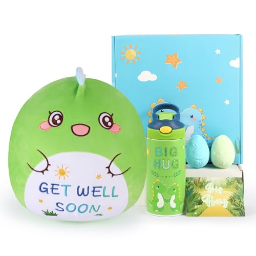 Get Well Soon Gift for Kids Feel Better Gifts for Kids Boys Dinosaur Stainless Steel Vacuum Tumbler & 12 Get Well Soon Unicorn Plush Pillow After Surgery Gifts for Boy (Dinosaur)