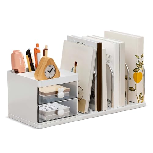 Luxvara Organizador Escritorio, 2 Organizador Cajones, Cajones Almacenaje con 4 Revistero, Multifuncional Portalapices Escritorio para Bolígrafos para Oficina en Casa (Blanco)