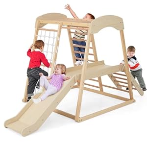 Costzon Indoor Jungle Gym, 6-in-1 Montessori Climbing Toys for Toddlers with Slide, Climbing Net, Monkey Bars, Wooden Playground Climber Playset for Kids Gifts Presents