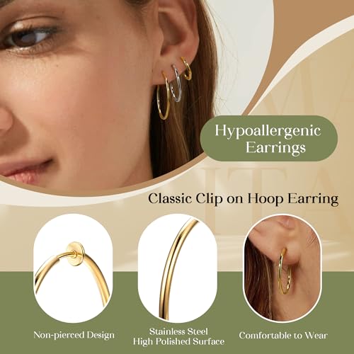 Magitaco 8 Pairs Clip On Hoop Earrings Stainless Steel Clip On Earrings for Women Fake Hoop Earring Spring Hoop Earring For Non-Pierced Ears2