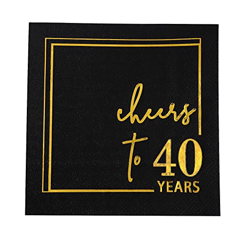 Cheers to Years Cocktail Napkins - 50PK - 3-Ply Birthday Napkins 5x5 Inches Disposable Party Napkins Paper Beverage Napkins for Birthday Decorations Wedding Anniversary Black and Gold (40 Years)