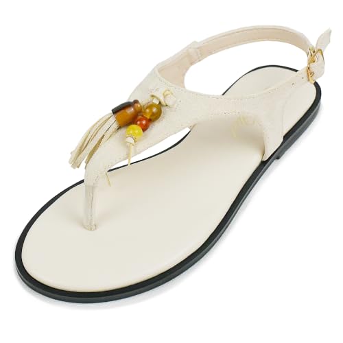 Heltid Women's Cute Thong Strappy Flat Sandals T-Strap Beach Casual Dressy Beige 8 M US