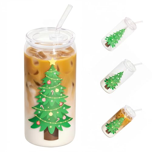 SUREPHON Christmas Gifts, 18oz Color Changing Christmas Glass Cups with Lids and Straw, Glass Tumbler Iced Coffee Drinks Cups for Holiday Party (1 Pack)