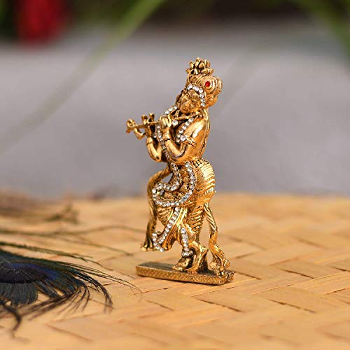 Image of Amazon Brand - Umi Gold Plated Flute Playing Krishna Idol Showpiece - Metal Krishna Statue for Car Dashboard - Hindu God Religious Idol Krishan Figurine for Janmashtami Home Temple Decoration & Gifts.