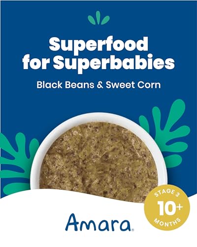 Image of Amara Organic Baby Food - Stage 3 - Black Bean & Sweet Corn - Baby Cereal to Mix With Breastmilk, Water or Baby Formula - Shelf Stable Baby Food Pouches Made from Organic Veggies - 10 Pouches, 3.5oz Per Serving