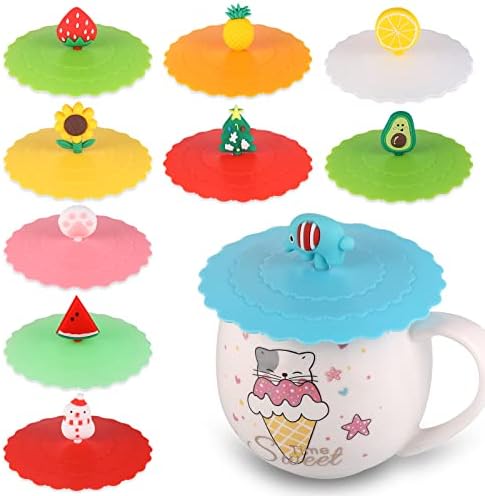 Hejo Silicone Glass Cup Covers, 10PCS Reusable Food-grade Silicone Drink Cup Lids, Round Cute Animal and Fruit Shape Creative Suction Leak-Proof Mug Cover for Cups which Diameter Not Over 10cm