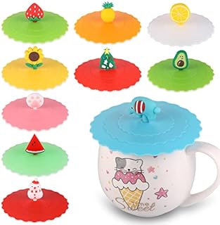 Hejo Silicone Glass Cup Covers, 10PCS Reusable Food-grade Silicone Drink Cup Lids, Round Cute Animal and Fruit Shape Creative Suction Leak-Proof Mug Cover for Cups which Diameter Not Over 10cm