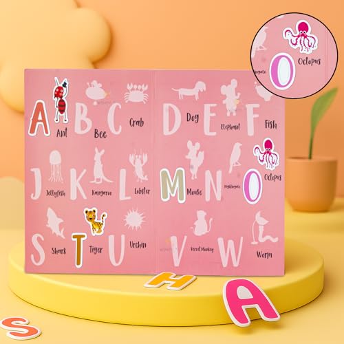 Image of WISHKEY Magnetic Alphabet Letters for Kids - 52 PCS ABC Uppercase Magnets with Animal Flashcards, Educational Montessori Learning Toy for Toddlers & Preschool Kids Age 3+ Red