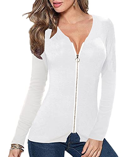 Image of Afibi Women V Neck Zip Front Long Sleeve Casual Top Blouse Shirt /Cardigan