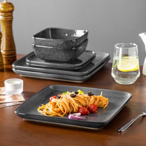 Image of vancasso Stern Gray Dinner Set Square Reactive Glaze Tableware 12 Pieces Kitchen Dinnerware Stoneware Crockery Set with Dinner Plate, Dessert Plate, Bowl Service for 4