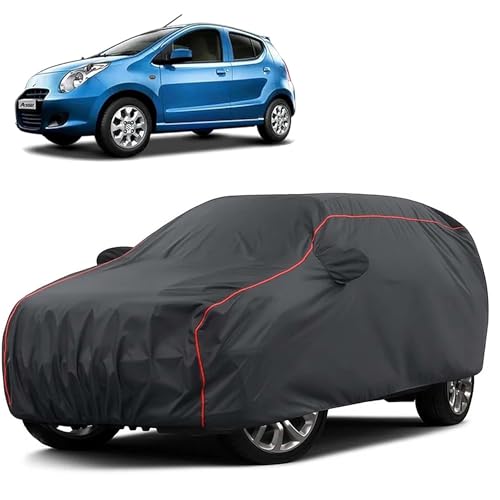 Image of Sulfar 100% Water Resistant Car Body Cover Compatible with Mirror for Maruti Suzuki A-Star (Triple Stitched, Full Bottom Elastic, Dark Grey Taffeta with Red Piping)