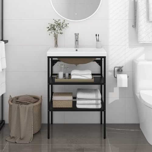 Zeehear Mueble de baño con lavabo empotrado, negro, hierro pulverizado, 59 x 38 x 83 cm, lavabo de cerámica blanco, diseño moderno, muebles de baño abiertos
