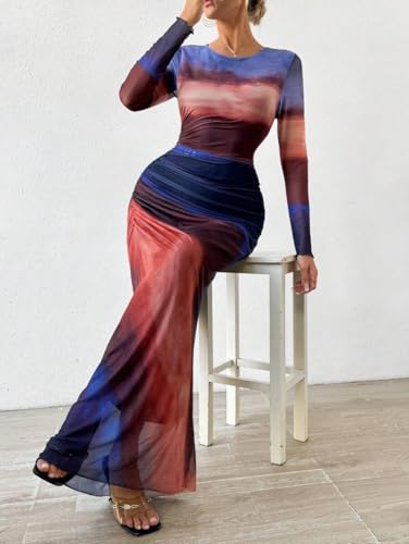 Image of LIGHT DOT Women's Printed Bodycon Maxi Dress Long Sleeve Tie Dye Mesh Ruched Cocktail Dress