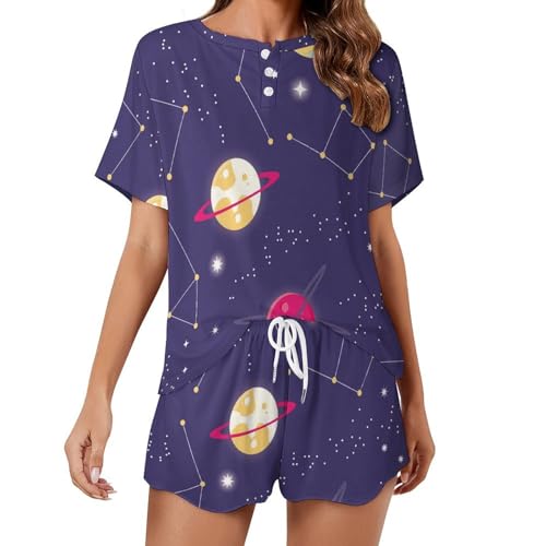 Pyjama femme manches courtes Planète Spatiale ensemble vêtements de nuit été pour s'endormir