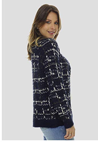 Casaco Aberto Xadrez Azul Marinho e Branco Sob com Lurex