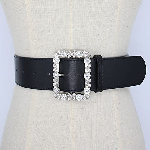 esowemsn 1PC Black Imitation Leather Waist Belt Women's Leather Belt with Square Rhinestones Buckle for Jeansn Pants Dress Skirt2