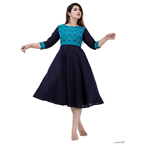 Image of Libas Holy Women's Floral Printed Cotton Flared Maxi Dress, Navy Blue and Turquoise One Piece Maxi Dress