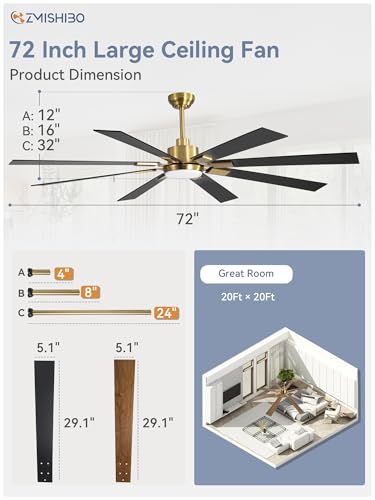 Image of ZMISHIBO 72 inch Black and Gold Ceiling Fans with Lights and Remote, Indoor /Outdoor Ceiling Fan for Patio Living Room, 6 Speed Reversible Quiet DC Motor, 3 CCT, Dual Finish Blades