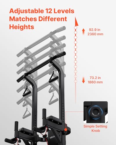 Image of VEVOR Pull Up Bar, 330 LBS Power Tower Dip Station, Workout Dip Station with H-Shaped Stable Base & Back Pad, Adjustable 12 Level Height Free Standing Chin Up Bar for Back, 4-Level Adjustable Back Pad