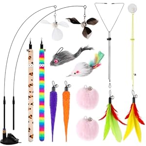 Soarer 4-in-1 Interactive Cat Feather Toys,12Pcs Durable Fishing Pole Cats Feathers Toy Replacements,Enhanced Suction Cup Cats Wand Toy,2 Types Door Hanging Cat String Toys for Indoor Kitten