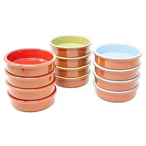 ToCi 12 x Tapasschalen kleurrijk Ø 11,5 cm – Spaanse cazuela schaaltjes van klei 175 ml – kleine ovenvormen & dessertkommen voor tapas, fingerfood, crème brûlée en ovengerechten