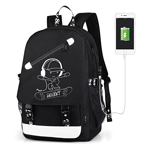 AukCherie Unisex Casual School Bag Luminous Anime Notebook Laptop Backpack School Bag with USB Charging Port Daypack Shoulder School Bag (Black)