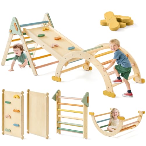 Image of Tiny Land Pikler Triangle Set,7-in-1 Foldable Montessori Climbing Toys | Indoor Wooden Playground Jungle Gym for Kids, Climber Gift for Boys & Girls Toddler Climbing Toys (Morandi)
