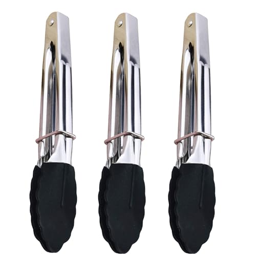JXJYZLN Mini Kitchen Tongs with Silicone Tips, 3-Piece Set, 7-Inch Non-Stick Tongs with Stainless Steel Silicon Handles, Heat Resistant for Cooking and Serving (Black)