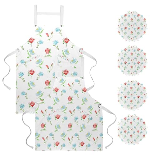 Tablier de cuisine lot de 2 avec 4 broches, motif fleurs multicolore