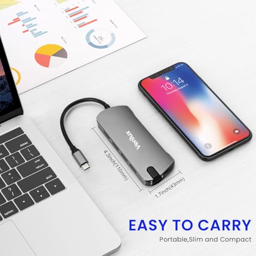 Image of Verilux USB C Hub with Ethernet RJ45 Port, 8 in 1 USB C Hub PD 60W Fast Charging USB 3.0 Hub with 4K HDMI Converter Supports SD /TF Card Reading Travel Multifunctional USB C Hub for Laptop, PC