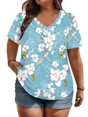 Women's Plus Size Knit Tees Floral Print Tops...
