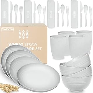 Wheat Straw Dinnerware Sets (28 pcs) | Unbreakable Dinnerware Sets | Dishwasher Microwave Safe Dinnerware | Eco Friendly Non Breakable Dinnerware Sets | Plates, Bowls, Cups, Cutlery | Grey