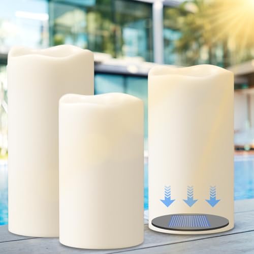 Image of Eldnacele Solar Outdoor Flameless Pillar Candles Waterproof Rechargeable | Solar Powered LED Flickering Candles, White Plastic Dusk to Dawn, Garden Porch Wedding Lantern Decor, 3 inch x 5 inch6 inch8 inch, 3 Pack