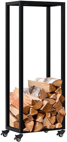 CLP Leñero metálico Interior con Ruedas Hilta, Soporte para Troncos de Metal Resistente, Almacenamiento de leña en el salón, Color:Negro, Tamaño:25x40x100 cm