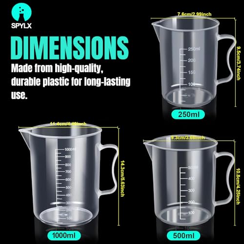 Image of Measuring Jugs, Plastic Food Grade Liquid Measuring Cups Molded Graduations - Chemical Resistant, Autoclavable - Handle for Convenient Lifting (10, 1000ml)