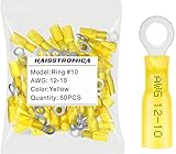 haisstronica 50pcs #10 Yellow Marine Grade Heat Shrink Ring Connectors,12-10 Gauge Tinned Red Copper 1mm Ring Terminals Connectors,Brazed-Seam Insulated Electrical Crimp Wire Terminals