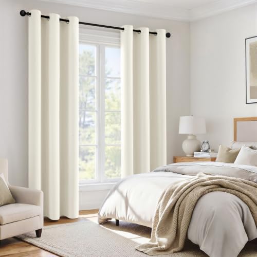 Image of MIULEE Beige White 100% Blackout Curtains for Bedroom 40x84 Inch 2 Panels | 2 Thick Layers Thermal Insulated Window Curtains with Black Liner, Noise Reducing Grommet, Drapes for Living Room