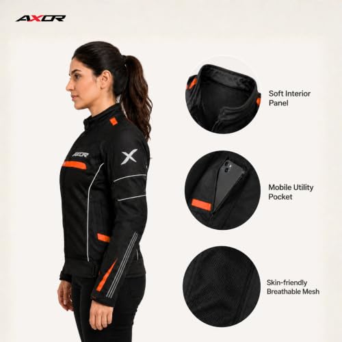 Image of Axor Divazz Women Motorcycle Riding Jacket, CE Armour Protective Bike Jacket, All-Weather Touring Riding Gear with Ventilation Panels, Black Orange, L