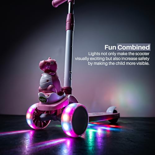 Image of Baybee Dino Blaze Kick Scooter for Kids | 3 Wheel Skate Scooter with RGB LED Wheels & Music | 3 Height Adjustable T-Bar Handle & Rear Brake | Foldable Skate Scooter for Kids 3 to 8 Years (Dark Pink)