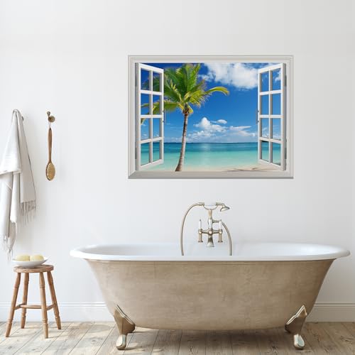 wall26 Removable Wall Sticker/Wall Mural - Beautiful Tropical View of Palm Tree on The Beach | Creative Window View Wall Decor - 36 Inchx48 Inch