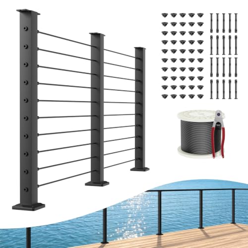 Image of BLIKA 8FT-17FT Complete Set 36 inch Cable Railing Post Kit | Black Level Drilled Deck Railing Posts, Swageless Cable Railing System Include 3Pack Level Posts,1 /8 inch 200FT Stainless Cable