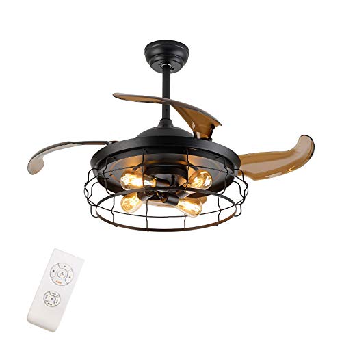 Best Deal Cheap 🛒 Ceiling Fan with Light Industrial Ceiling Light Retractable Blades Vintage Cage Chandelier Fan with Remote Control (42 Inch)