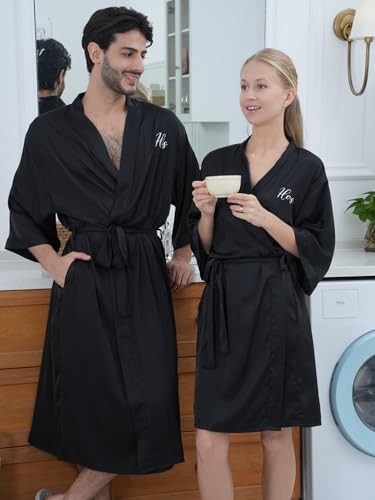 Image of Jecery 2 Pcs Satin His and Hers Robes Set Mr. Mrs. Silk Matching Robe for Couples Women Man Wedding Engagement Bridal Gift