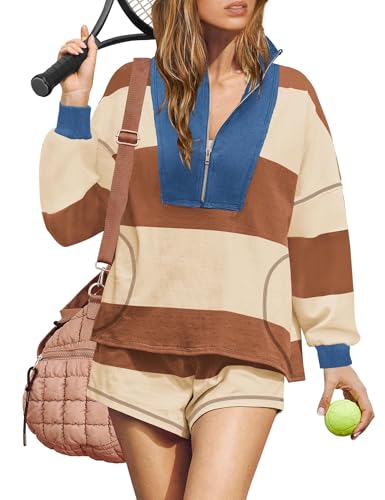 ReachMe Womens Striped Workout Sets 2 Piece Fall Outfits Matching Lounge Sets Long Sleeve Tops and Shorts with Pockets2