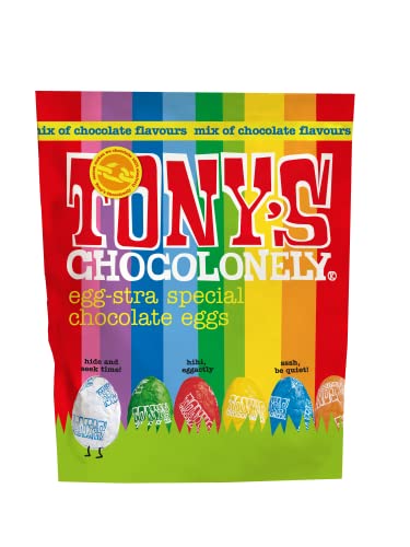 Tony's Chocolonely Easter Eggs Pouch - Mixed Chocolate Pouch - 8 Flavors - 1 x 255 Gram - Easter Gift - Fairtrade Chocolate - Mini Eggs - Family Chocolates