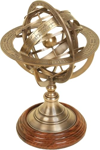 Antique Vintage Zodiac Armillary Decorative Globe with Wooden Base - 5 Inch Brass Sphere World Globe Zodiac Engraved Celestial, Antique Ship Decor
