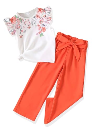 Image of Toddler Kid Girl Clothes Casual Ruffle Sleeve Floral Printed Top Solid Pants with Belt 3PC Outfit Set