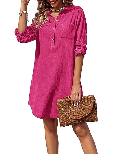 Image of Zeagoo Women Summer Dresses Casual 3 /4 Sleeve Cotton T-Shirt Dress Button Down V-Neck Flowy Aline Beach Sundress Cover Up,Rose,L