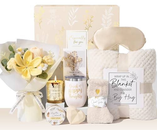 Birthday Gifts for Women Self Care Package Get Well Soon Gift Baskets Thinking of You Sympathy Gift Set w/ Crochet Flower Bouquet Unique Christmas Spa Gifts for Women Mom Her Best Friend Sister Wife