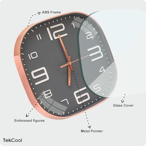 Image of TEKCOOL Plastic Analogue Wall Clock 12 inch Silent Quartz Decorative Wall Clock Non-Ticking Classic Clock Battery Operated Round Easy to Read for Room /Home /Kitchen /Bedroom /Office /School.Grey gold:-
